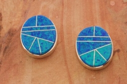 Navajo Artist Calvin Begay Blue Opal Sterling Silver Post Earrings